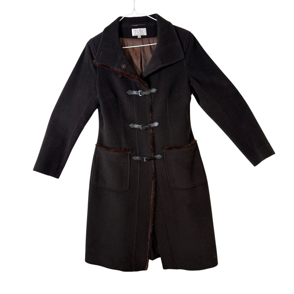 Aris Design Fashion Group Brown Wool Rabbit Hair Blend Fur Trim Toggle Coat L